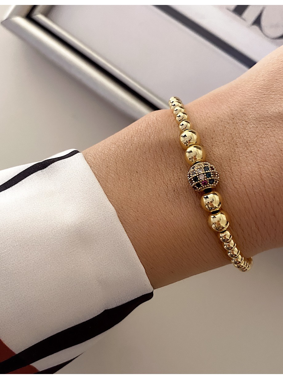 Bratara dama model deosebit cu margele aurii si biluta cu pietricele verzi