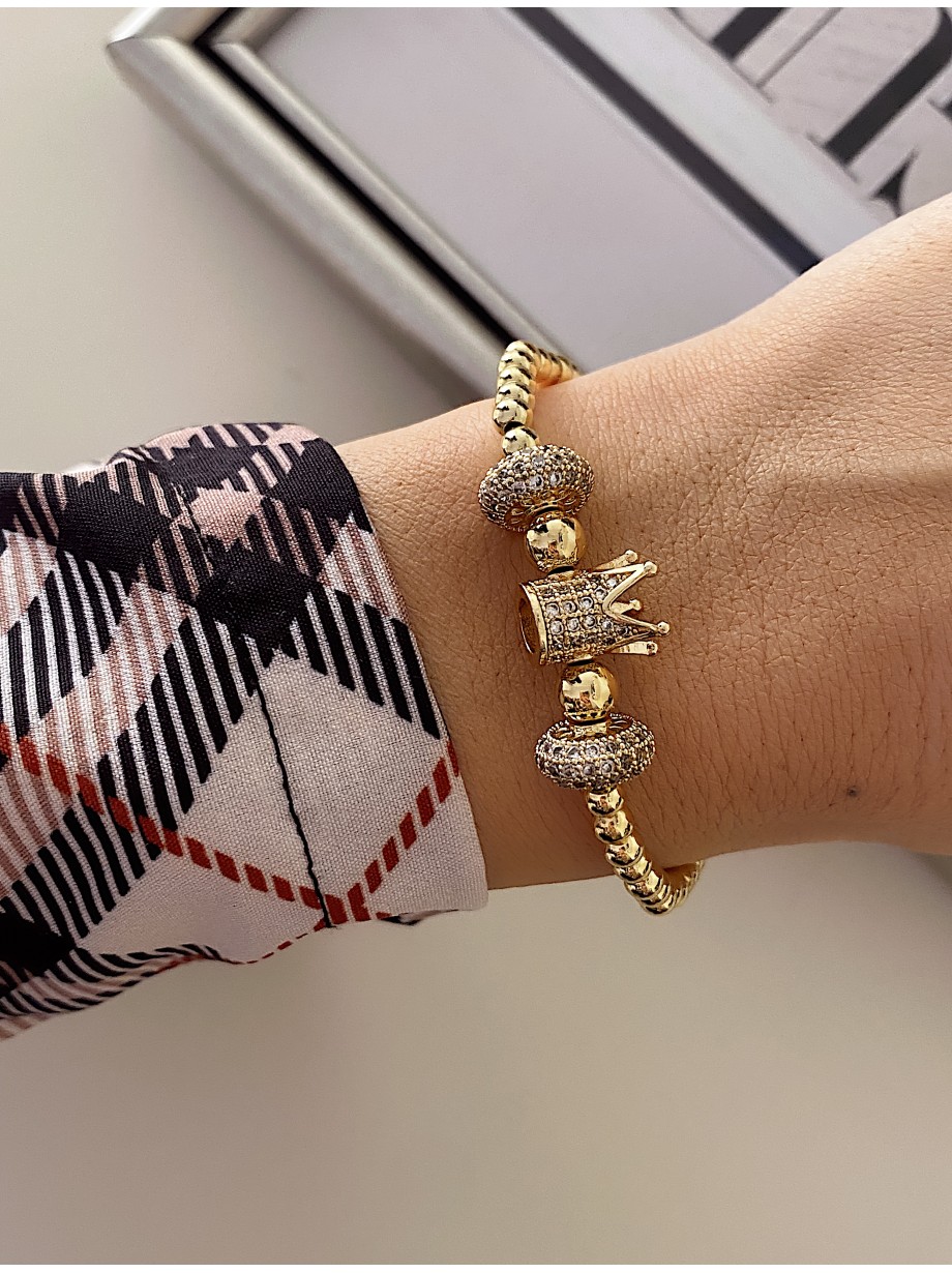 Bratara dama model deosebit cu margele aurii si coroana cu pietricele albe