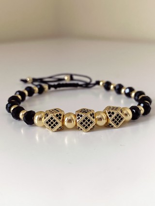 Bratara dama model deosebit cu margele negre cu auriu si 3 romburi cu pietricele negre