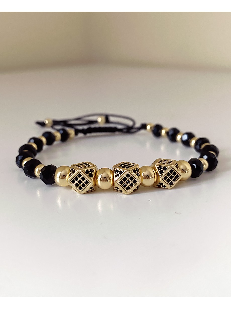Bratara dama model deosebit cu margele negre cu auriu si 3 romburi cu pietricele negre