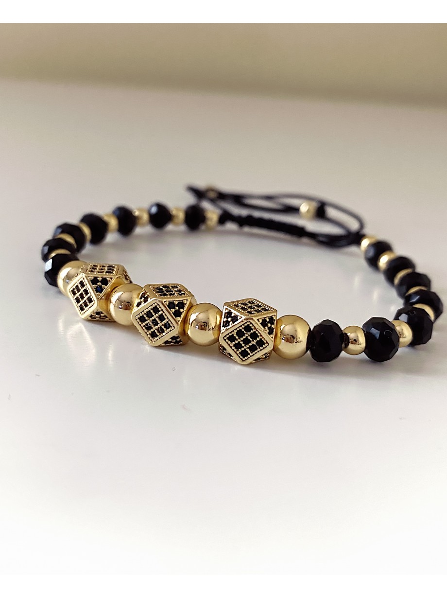 Bratara dama model deosebit cu margele negre cu auriu si 3 romburi cu pietricele negre