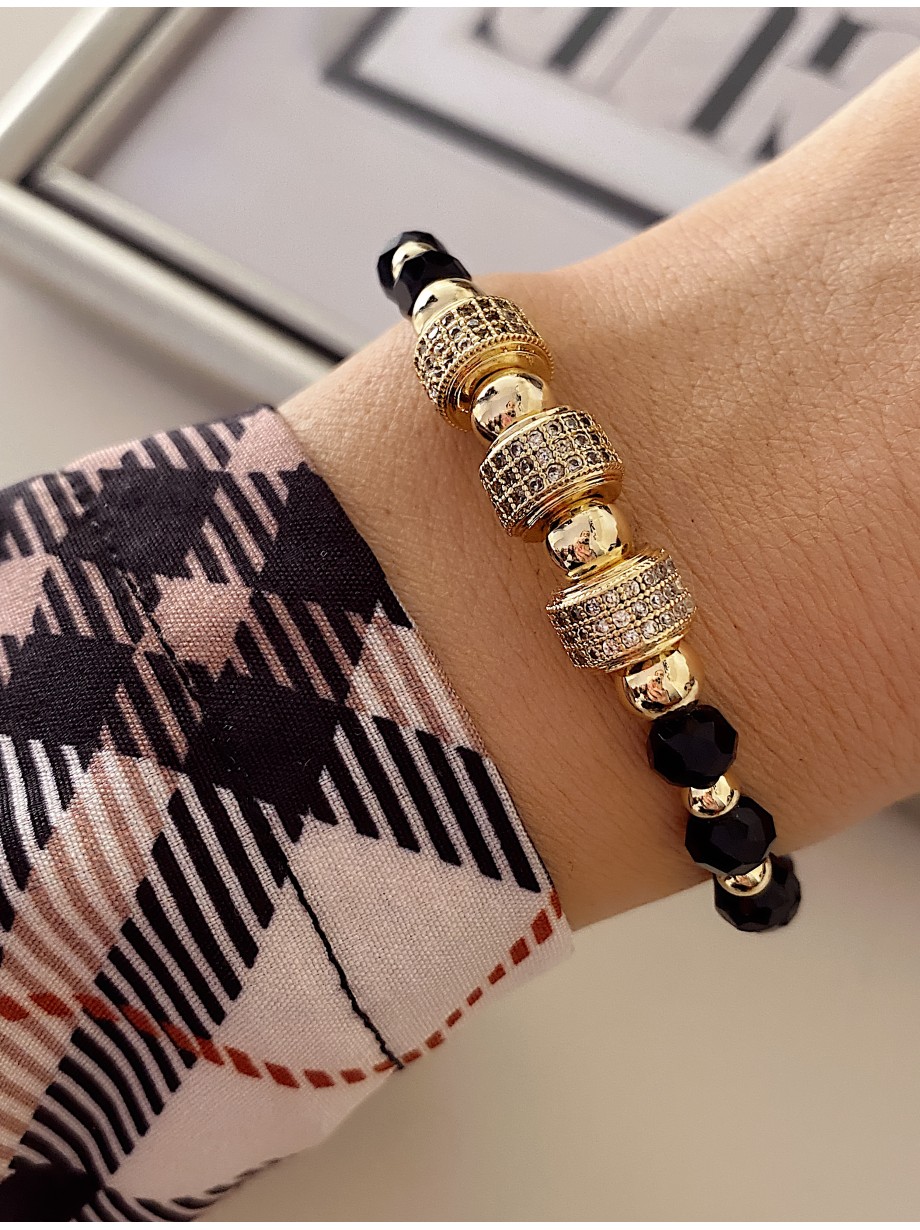 Bratara dama model deosebit cu margele negre cu auriu si cercuri cu pietricele stralucitoare