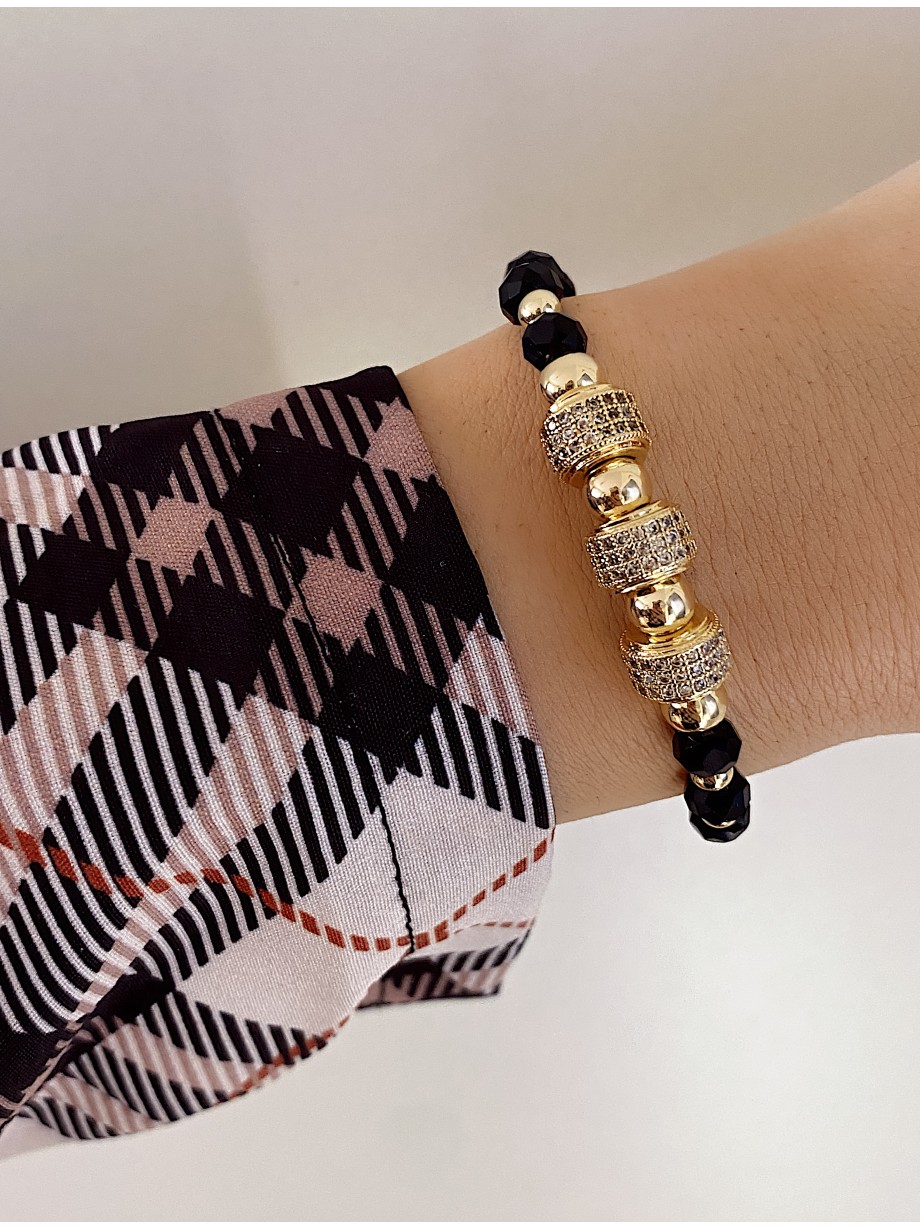 Bratara dama model deosebit cu margele negre cu auriu si cercuri cu pietricele stralucitoare