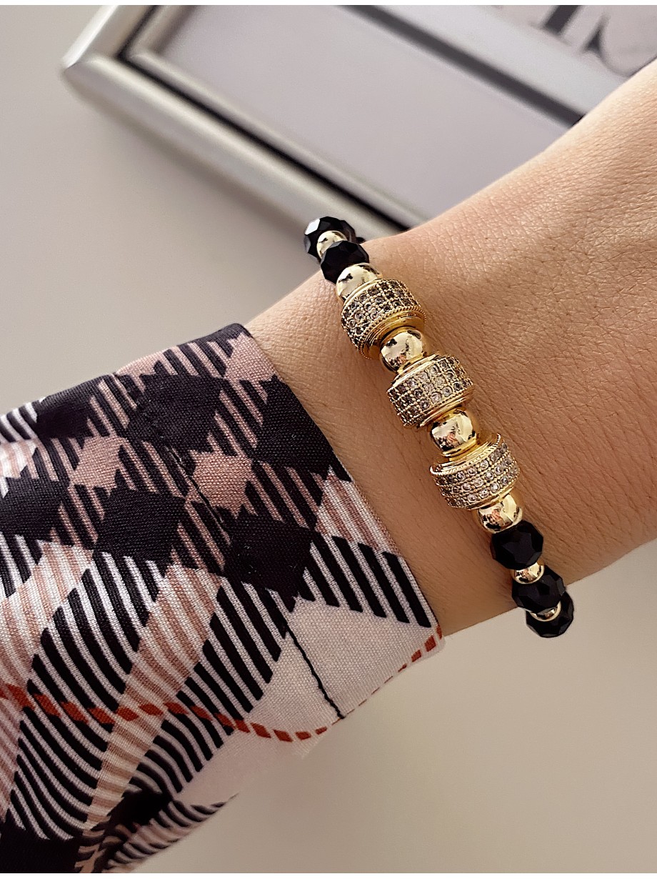 Bratara dama model deosebit cu margele negre cu auriu si cercuri cu pietricele stralucitoare