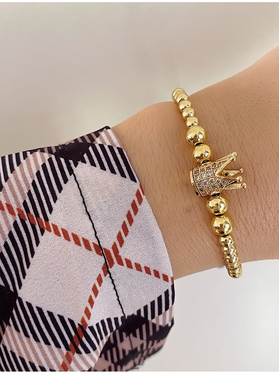 Bratara dama model deosebit cu margele aurii si coroana cu pietricele albe