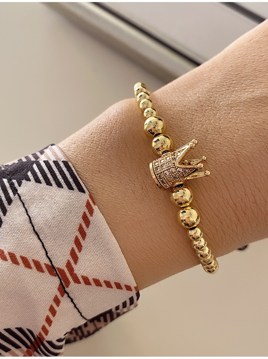 Bratara dama model deosebit cu margele aurii si coroana cu pietricele albe