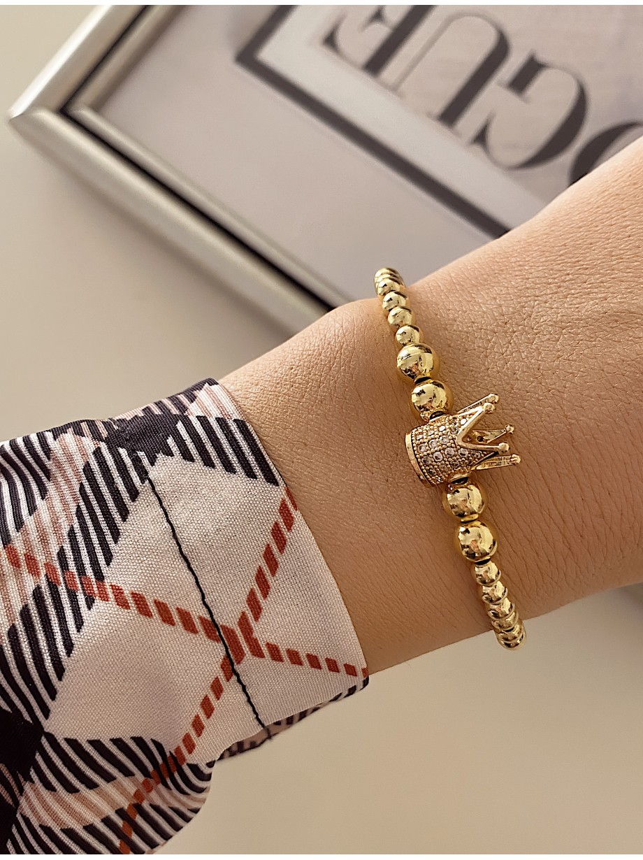 Bratara dama model deosebit cu margele aurii si coroana cu pietricele albe