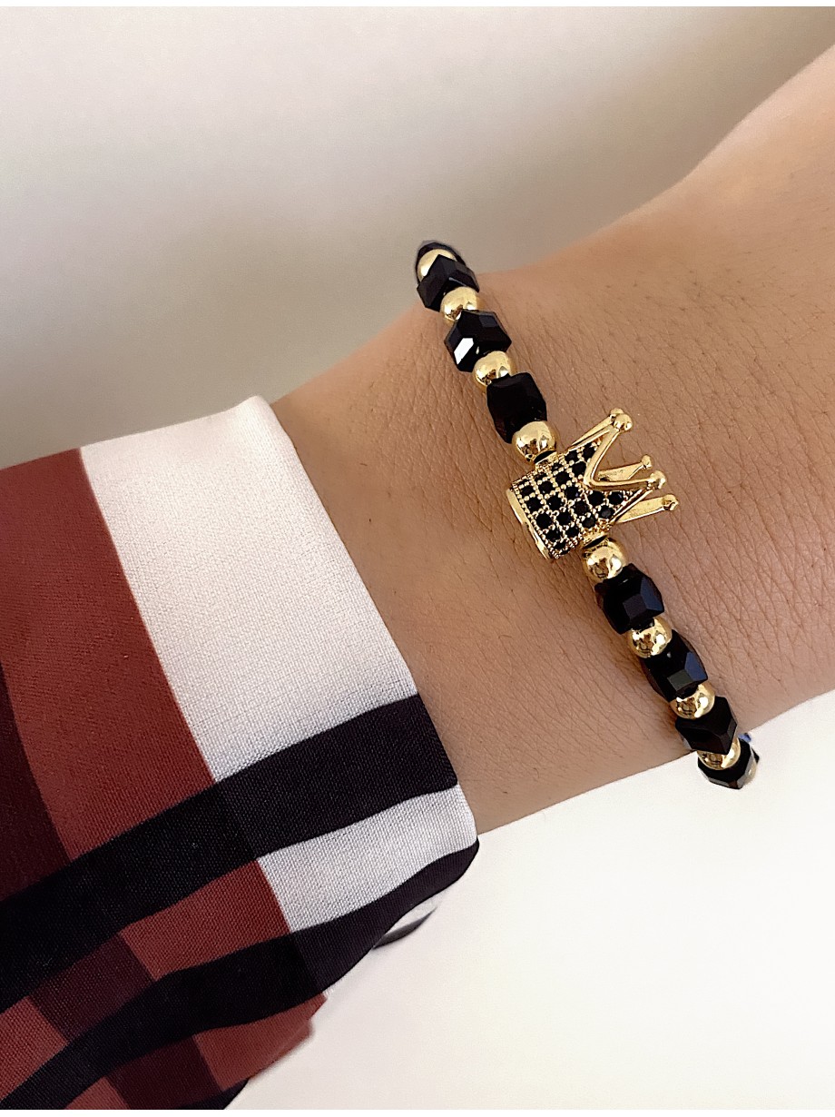 Bratara dama model deosebit cu margele aurii si negre si coroana cu pietricele negre