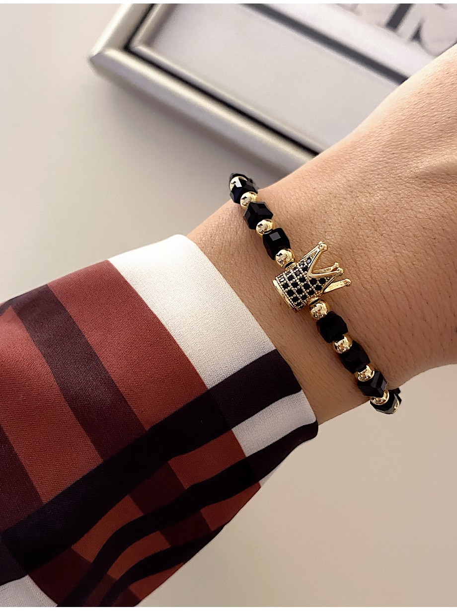 Bratara dama model deosebit cu margele aurii si negre si coroana cu pietricele negre