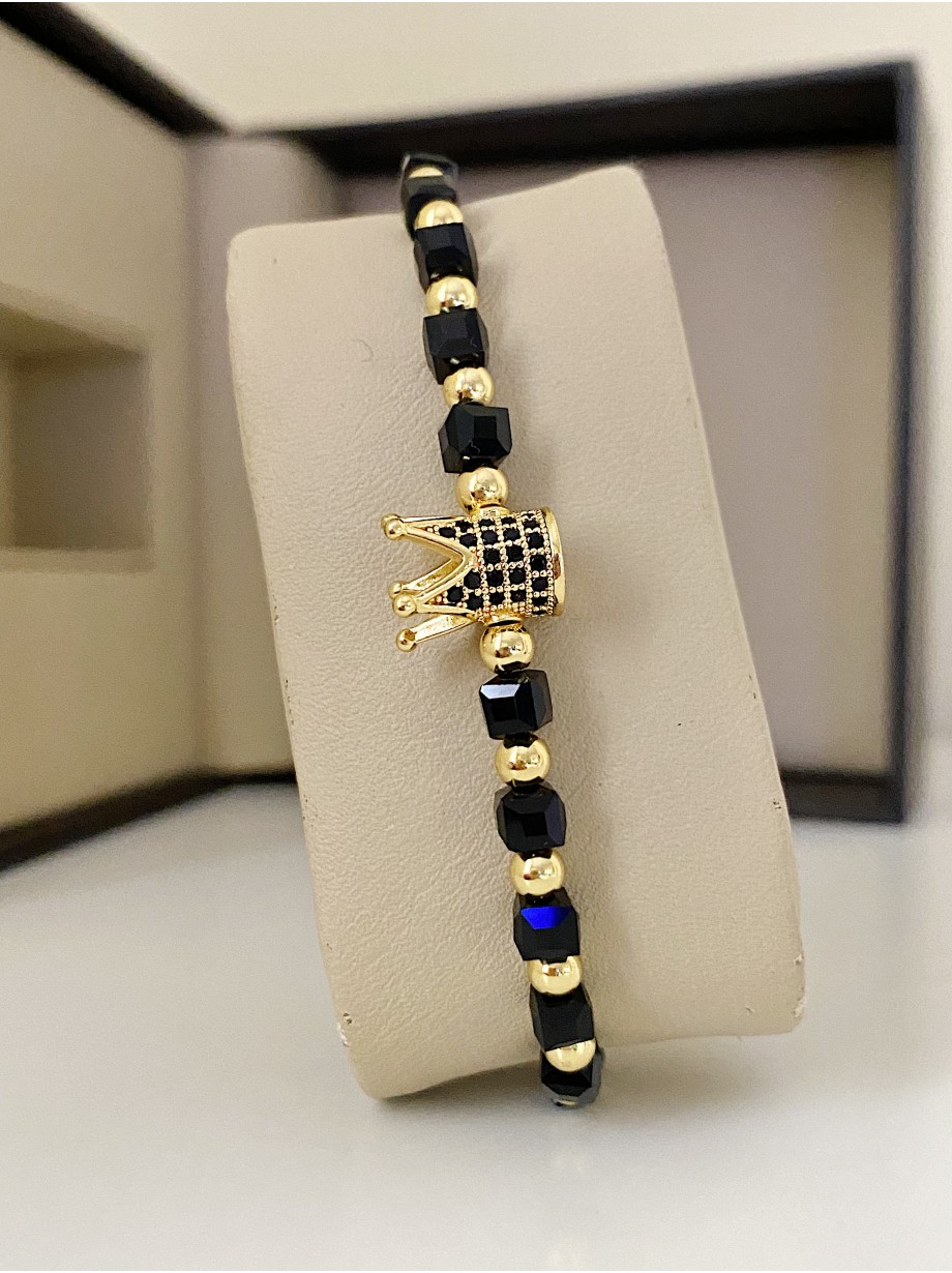 Bratara dama model deosebit cu margele aurii si negre si coroana cu pietricele negre