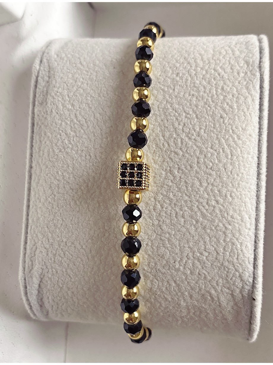 Bratara dama model deosebit cu margele negre cu auriu si patrat cu pietricele negre