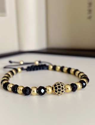 Bratara dama model deosebit cu margele aurii si negre si biluta cu pietricele negre