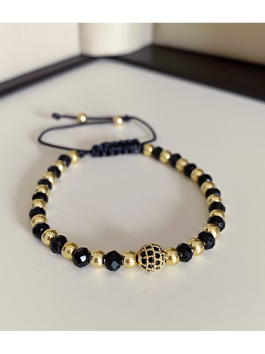 Bratara dama model deosebit cu margele aurii si negre si biluta cu pietricele negre