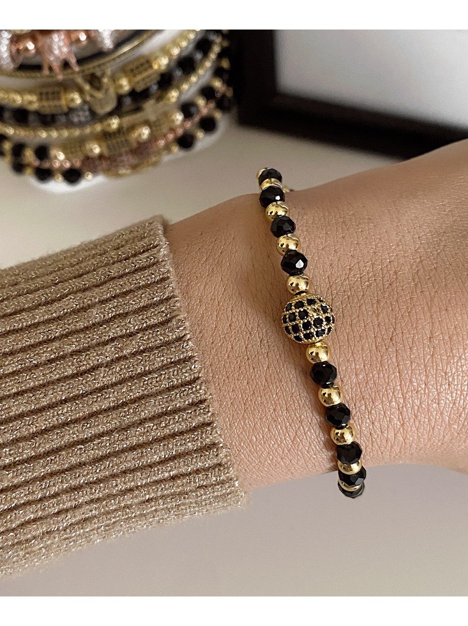 Bratara dama model deosebit cu margele aurii si negre si biluta cu pietricele negre