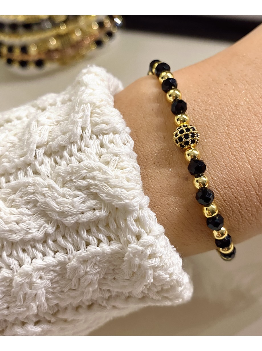 Bratara dama model deosebit cu margele aurii si negre si biluta cu pietricele negre