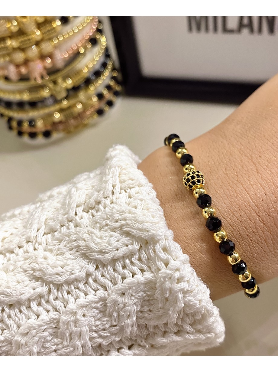 Bratara dama model deosebit cu margele aurii si negre si biluta cu pietricele negre