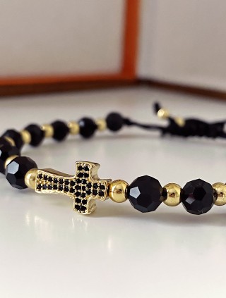 Bratara dama model deosebit cu margele negre si cruce cu pietricele negre