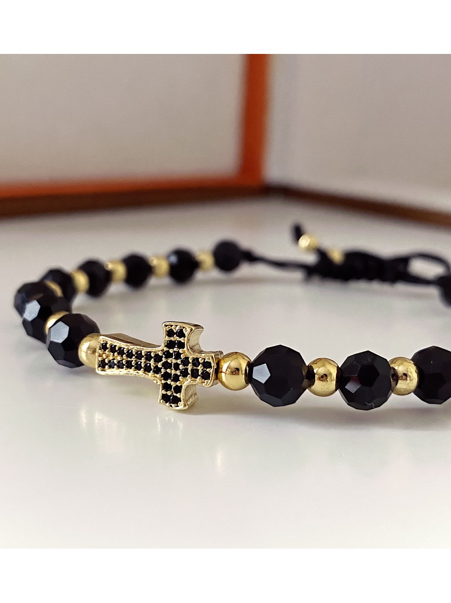 Bratara dama model deosebit cu margele negre si cruce cu pietricele negre