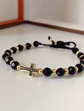 Bratara dama model deosebit cu margele negre si cruce cu pietricele negre
