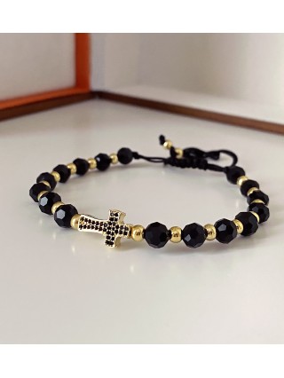 Bratara dama model deosebit cu margele negre si cruce cu pietricele negre