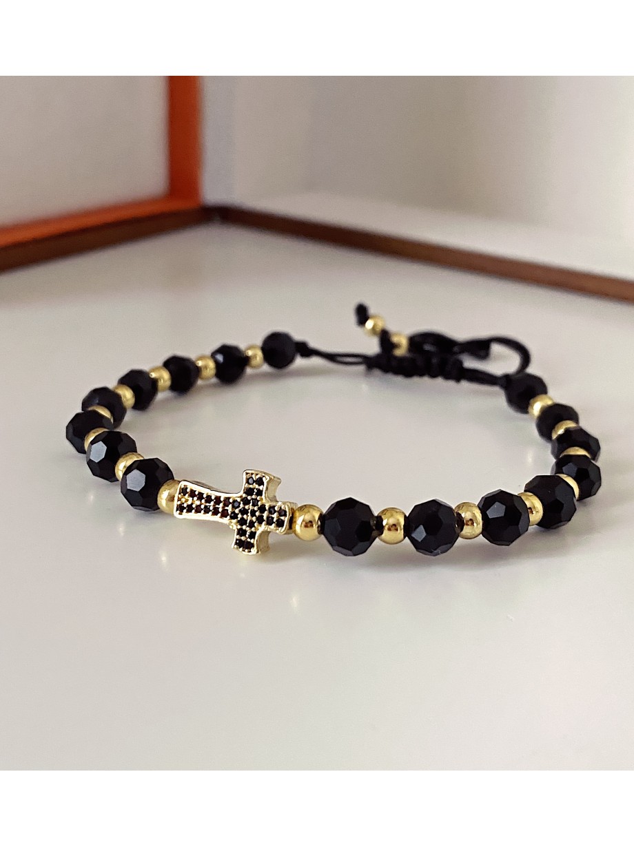 Bratara dama model deosebit cu margele negre si cruce cu pietricele negre
