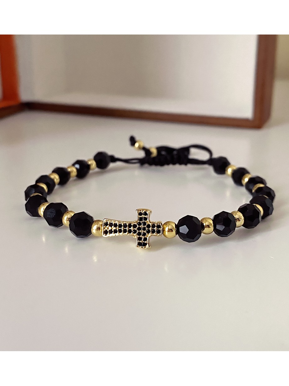 Bratara dama model deosebit cu margele negre si cruce cu pietricele negre