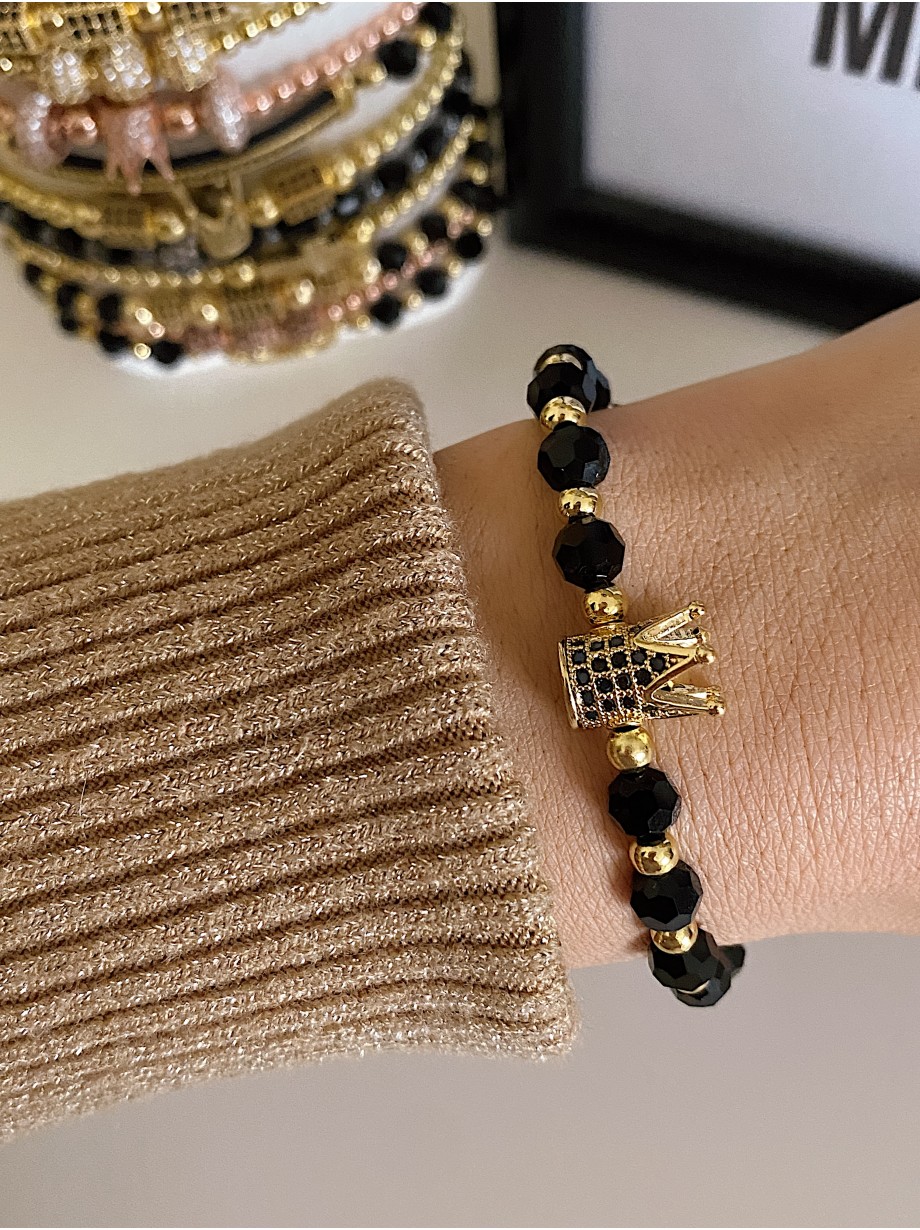 Bratara dama model deosebit cu margele negre si coroana cu pietricele negre