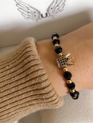 Bratara dama model deosebit cu margele negre si coroana cu pietricele negre