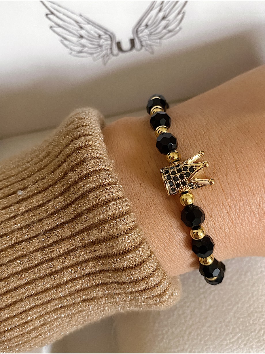 Bratara dama model deosebit cu margele negre si coroana cu pietricele negre