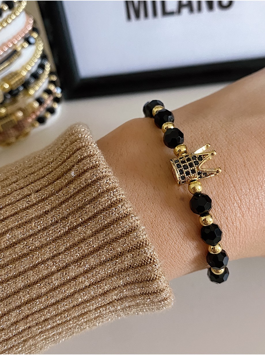 Bratara dama model deosebit cu margele negre si coroana cu pietricele negre