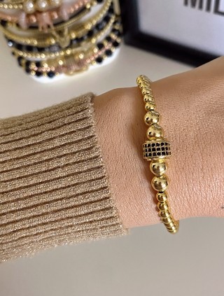 Bratara dama model deosebit cu margele aurii si biluta cu pietricele negre