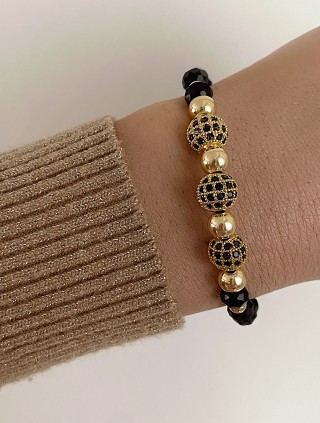 Bratara dama model deosebit cu margele negre si 3 bilute cu pietricele negre 