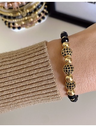 Bratara dama model deosebit cu margele negre si 3 bilute cu pietricele negre 