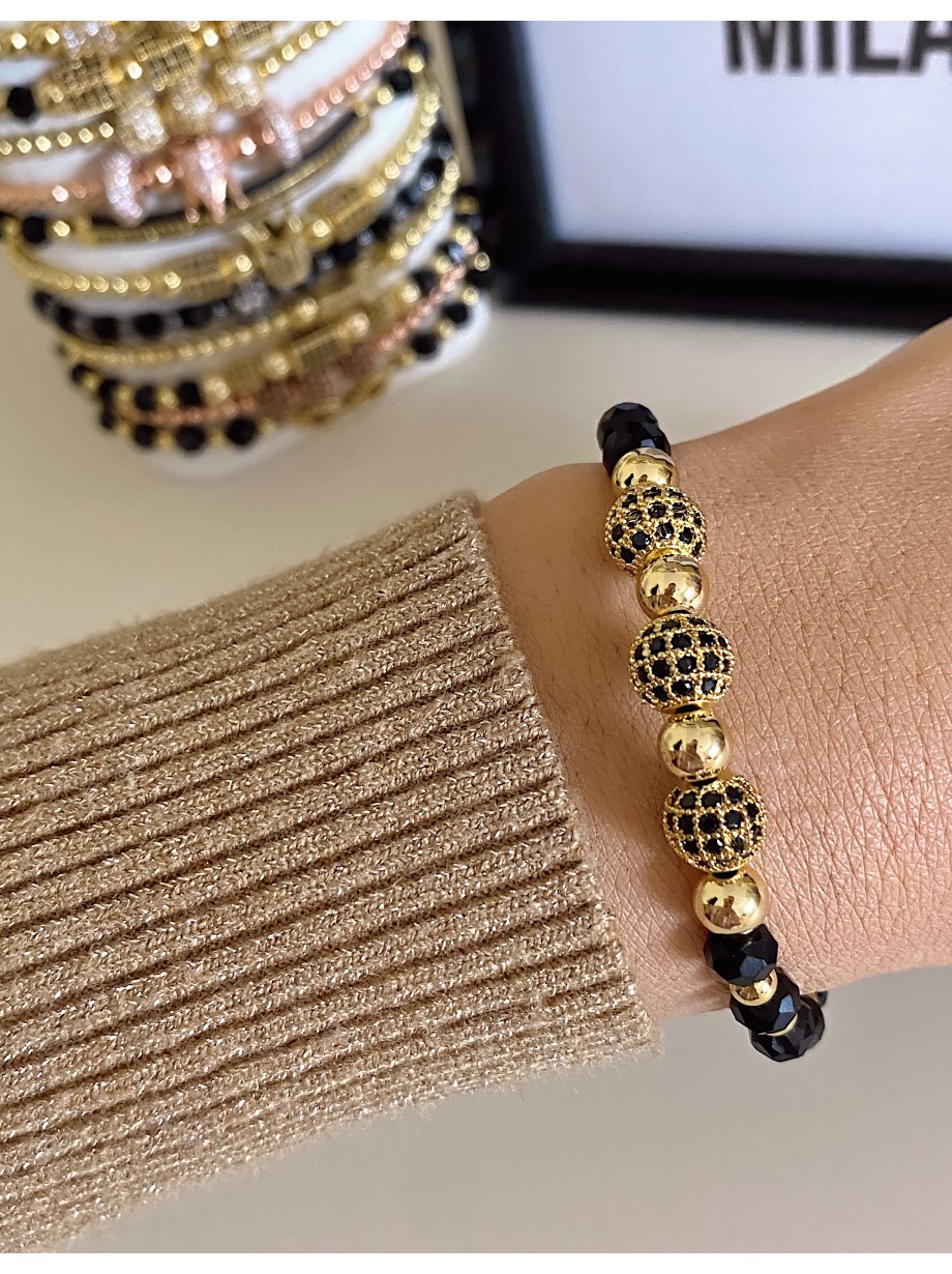 Bratara dama model deosebit cu margele negre si 3 bilute cu pietricele negre 