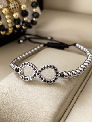 Bratara dama model deosebit cu margele argintii si infinit cu pietricele negre