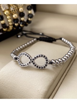 Bratara dama model deosebit cu margele argintii si infinit cu pietricele negre