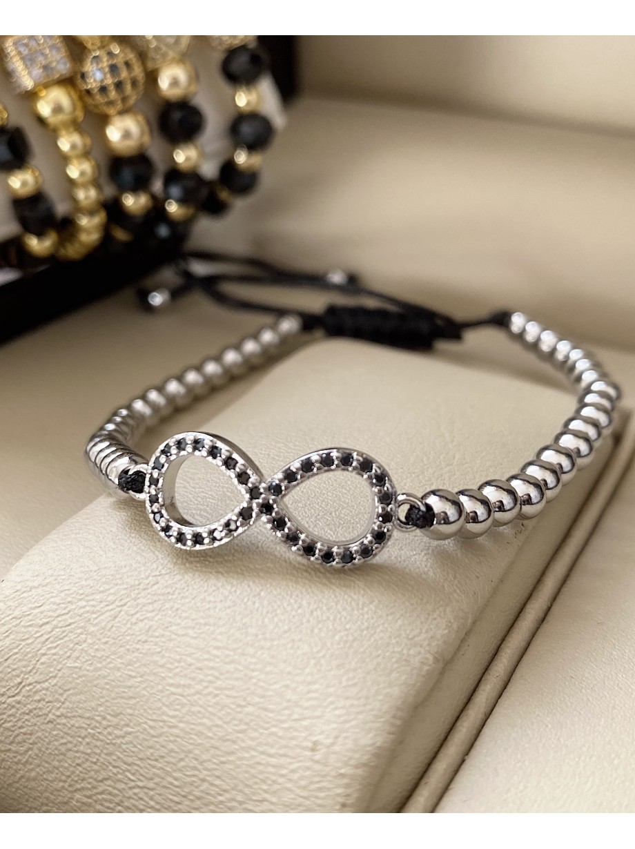 Bratara dama model deosebit cu margele argintii si infinit cu pietricele negre