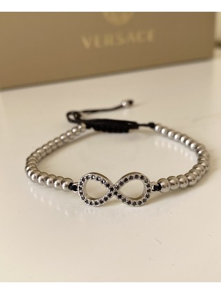 Bratara dama model deosebit cu margele argintii si infinit cu pietricele negre