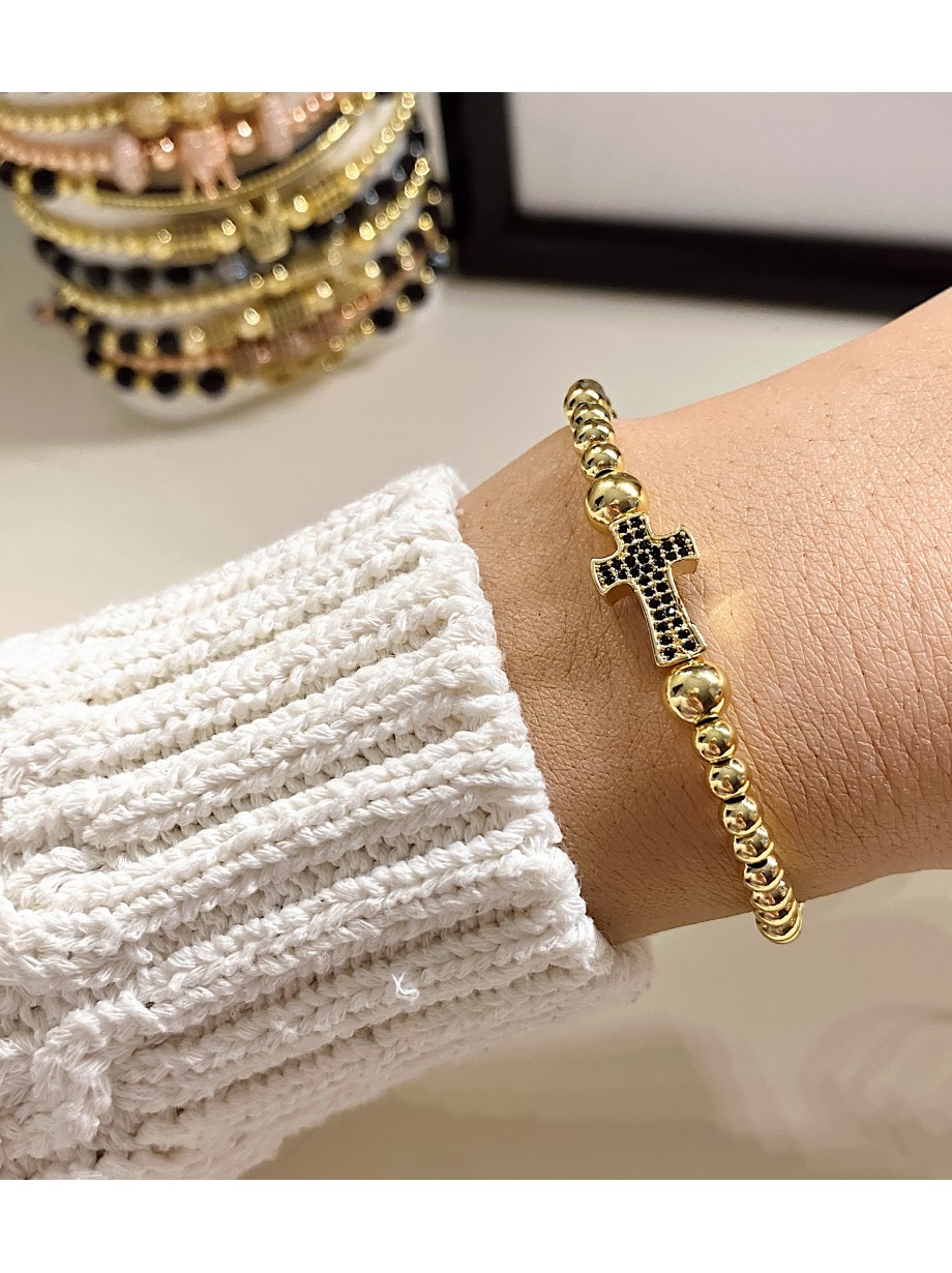 Bratara dama model deosebit cu margele aurii si cruce cu pietricele negre