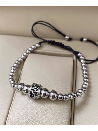 Bratara dama model deosebit cu margele argintii si biluta cu pietricele negre