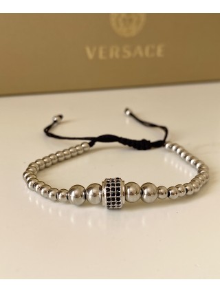 Bratara dama model deosebit cu margele argintii si biluta cu pietricele negre