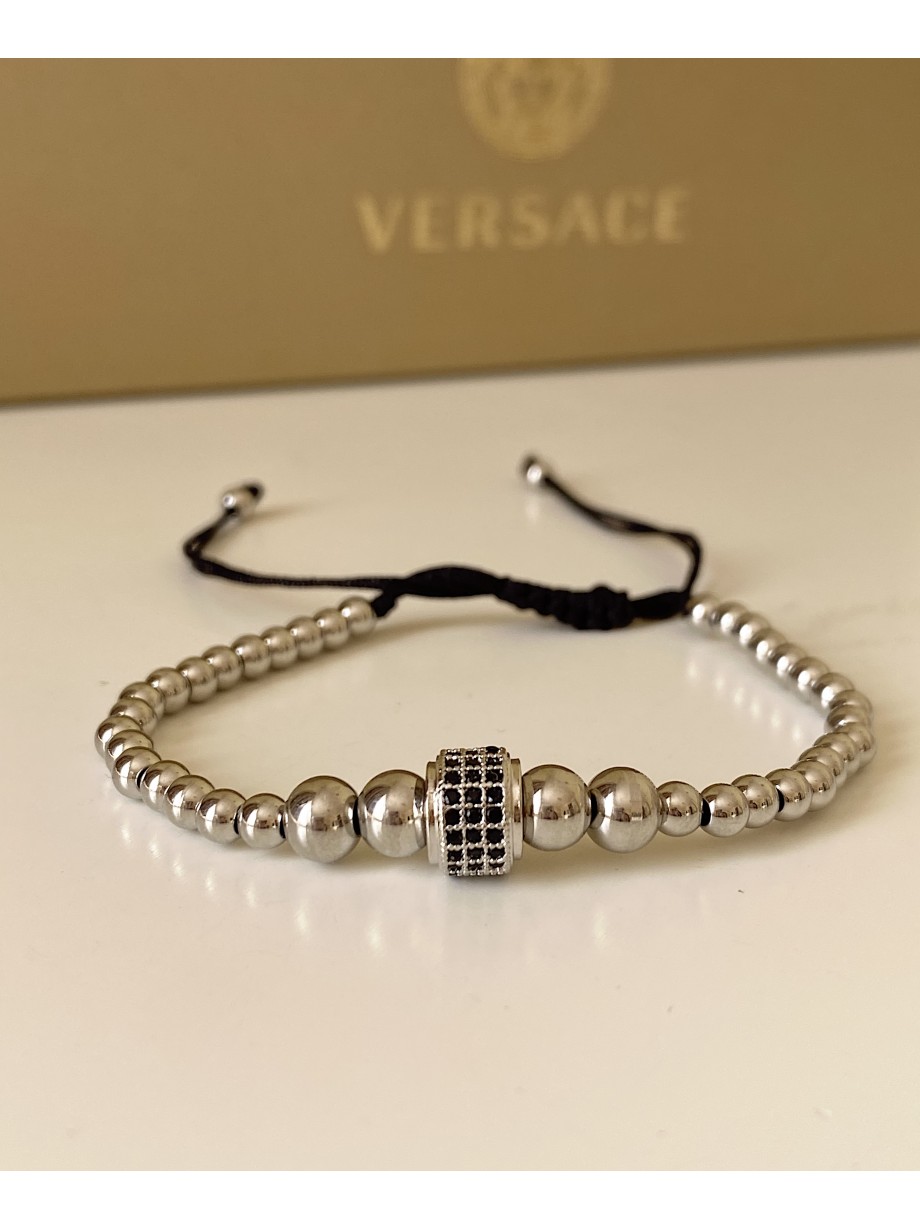 Bratara dama model deosebit cu margele argintii si biluta cu pietricele negre