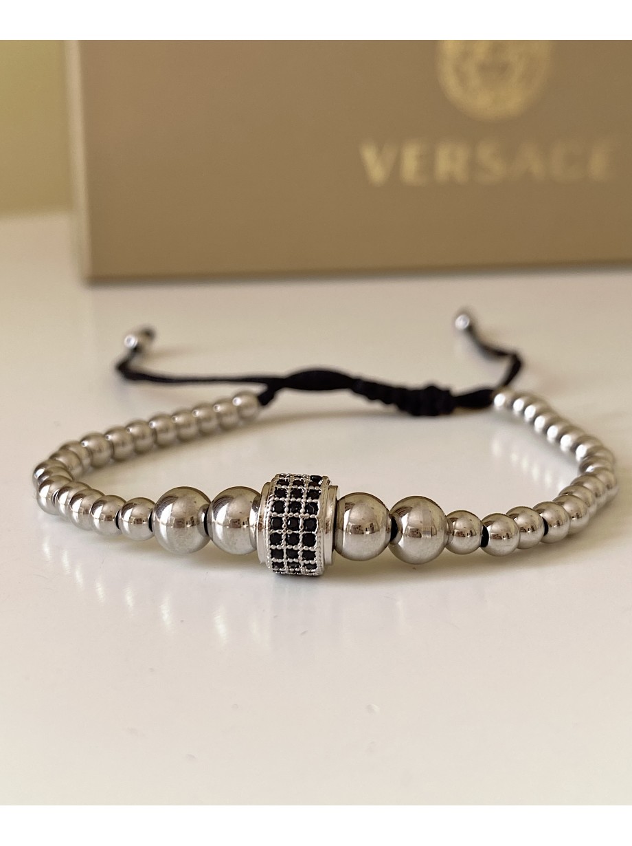 Bratara dama model deosebit cu margele argintii si biluta cu pietricele negre