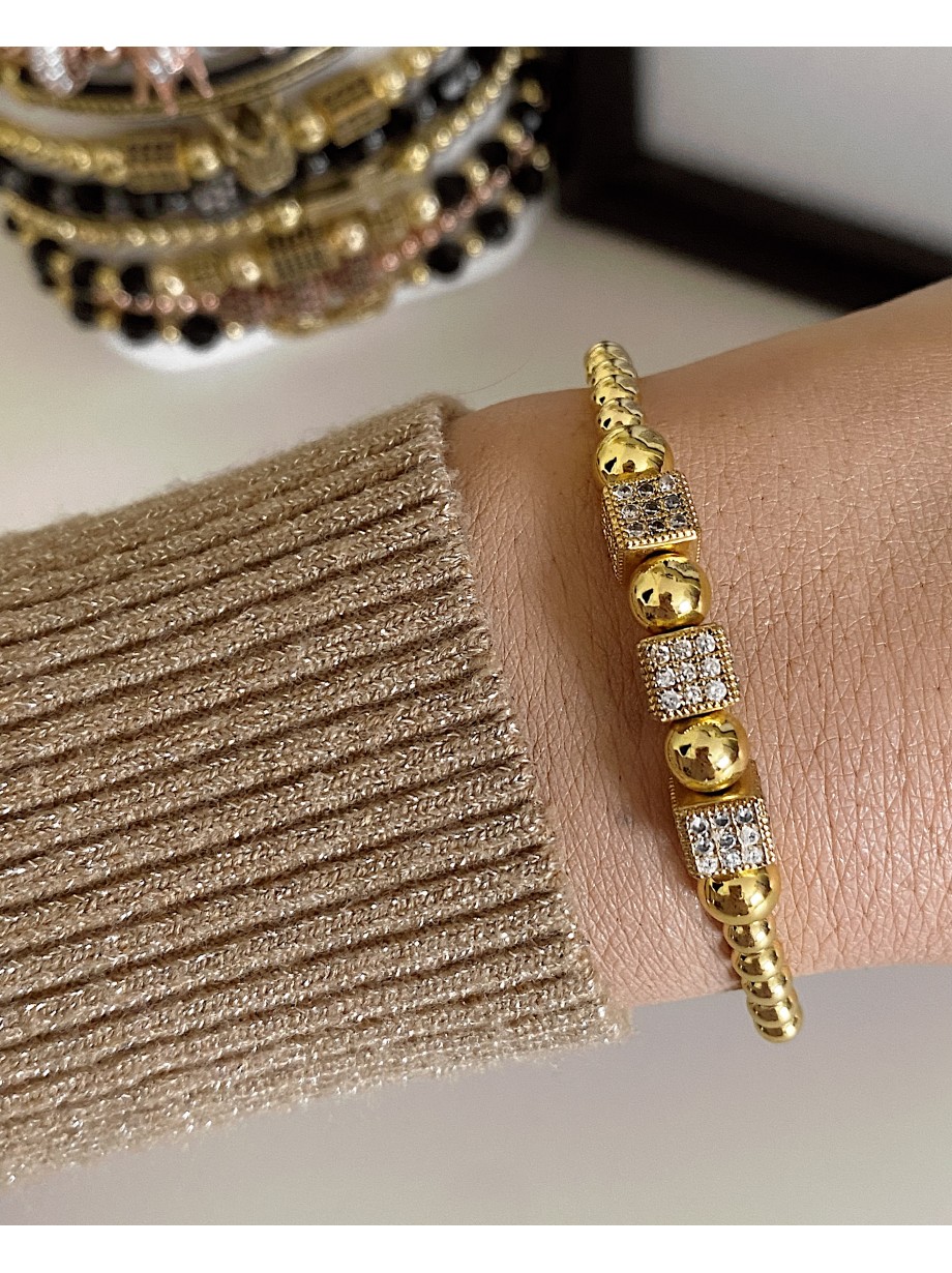 Bratara dama model deosebit cu margele aurii si patrate cu pietricele stralucitoare