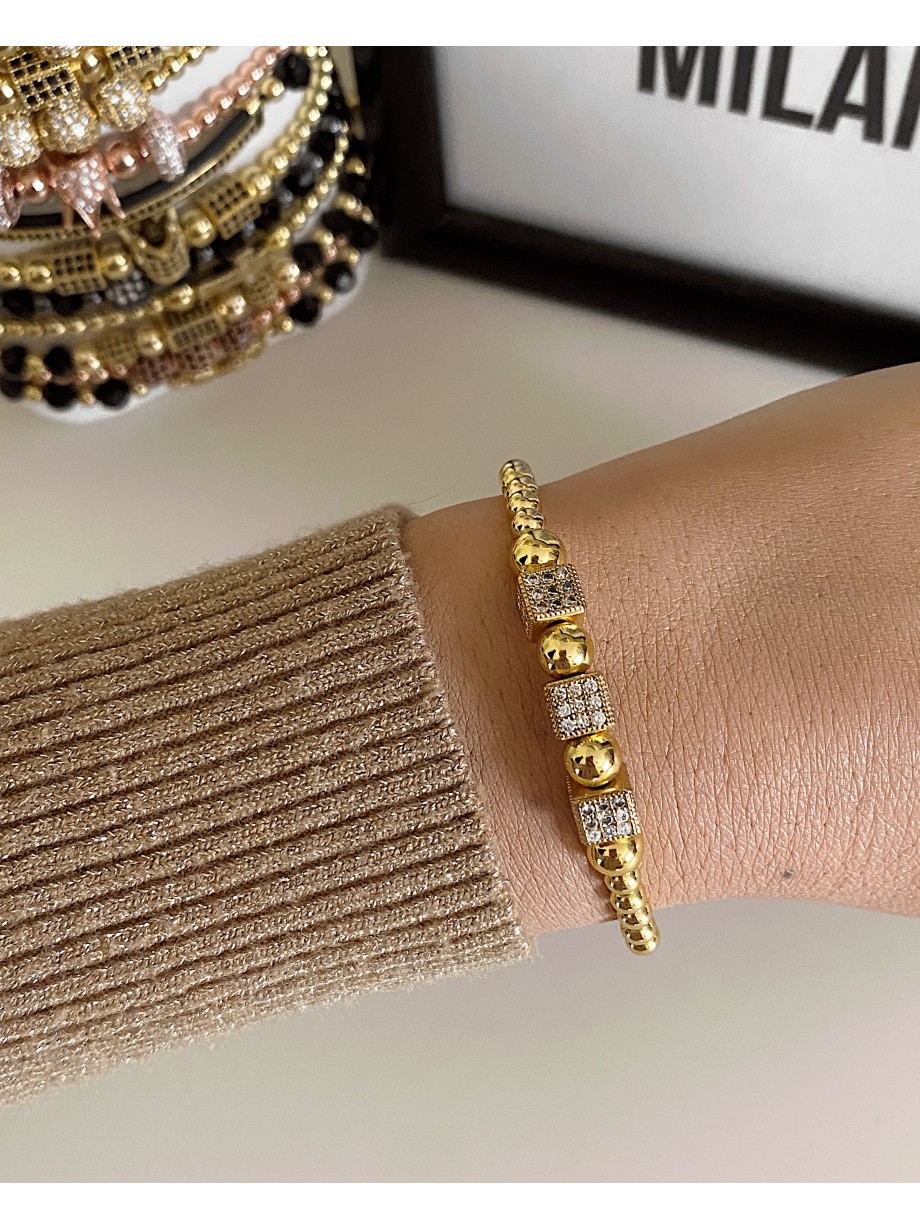 Bratara dama model deosebit cu margele aurii si patrate cu pietricele stralucitoare