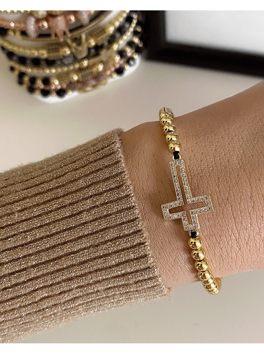 Bratara dama model deosebit cu margele aurii si cruciulita cu pietricele stralucitoare