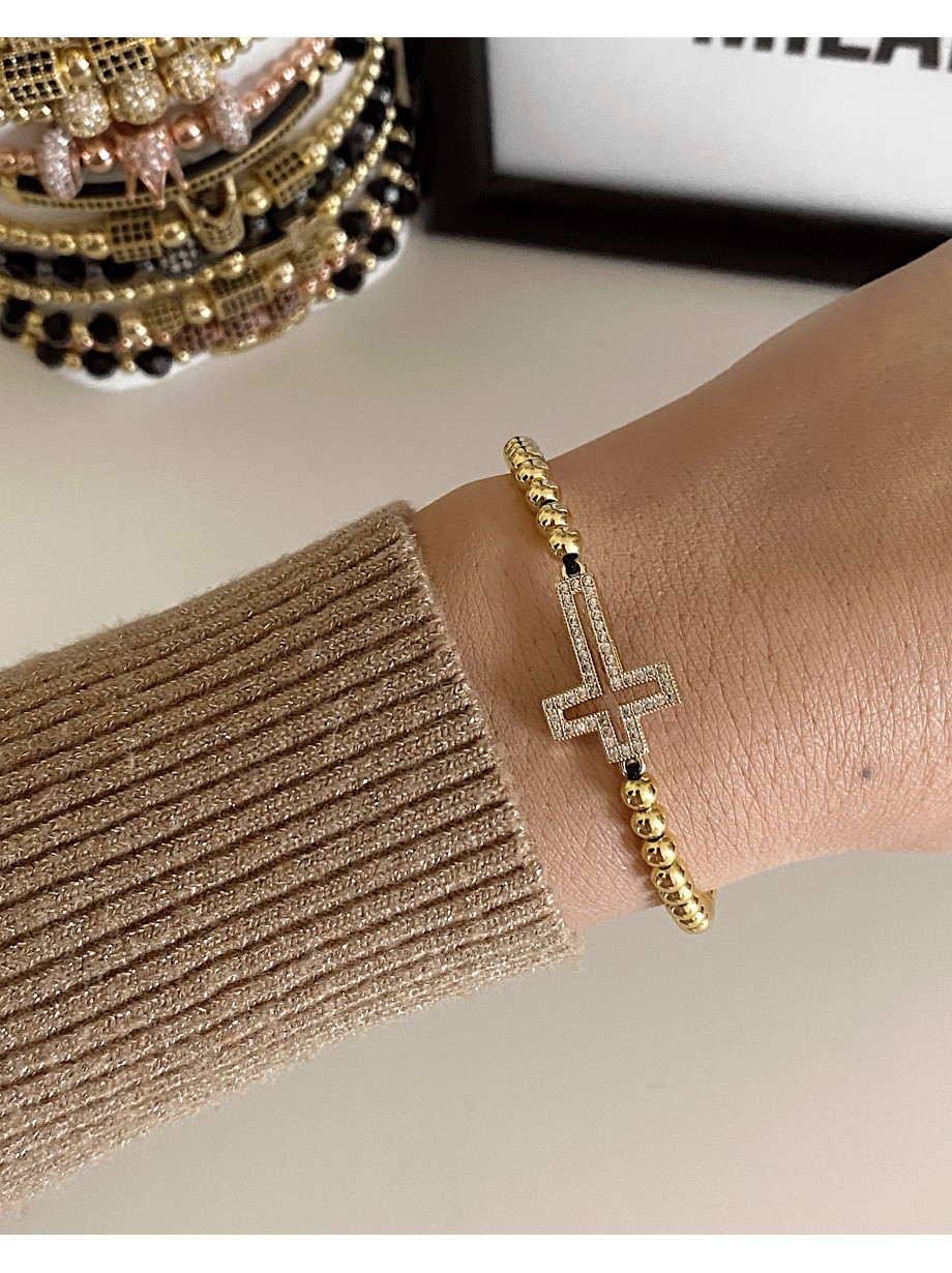 Bratara dama model deosebit cu margele aurii si cruciulita cu pietricele stralucitoare