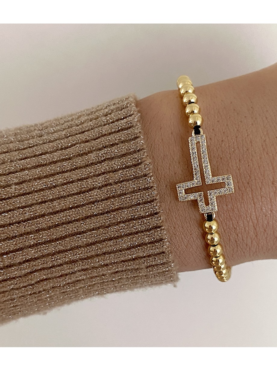 Bratara dama model deosebit cu margele aurii si cruciulita cu pietricele stralucitoare