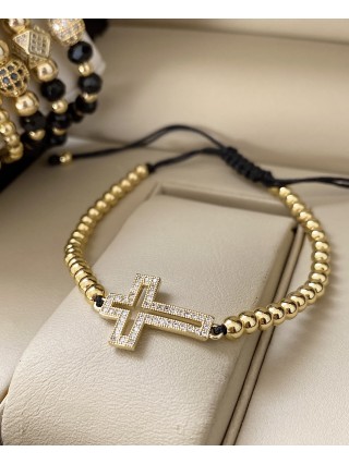 Bratara dama model deosebit cu margele aurii si cruciulita cu pietricele stralucitoare