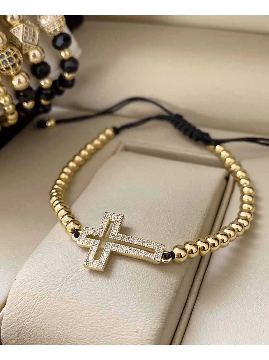 Bratara dama model deosebit cu margele aurii si cruciulita cu pietricele stralucitoare